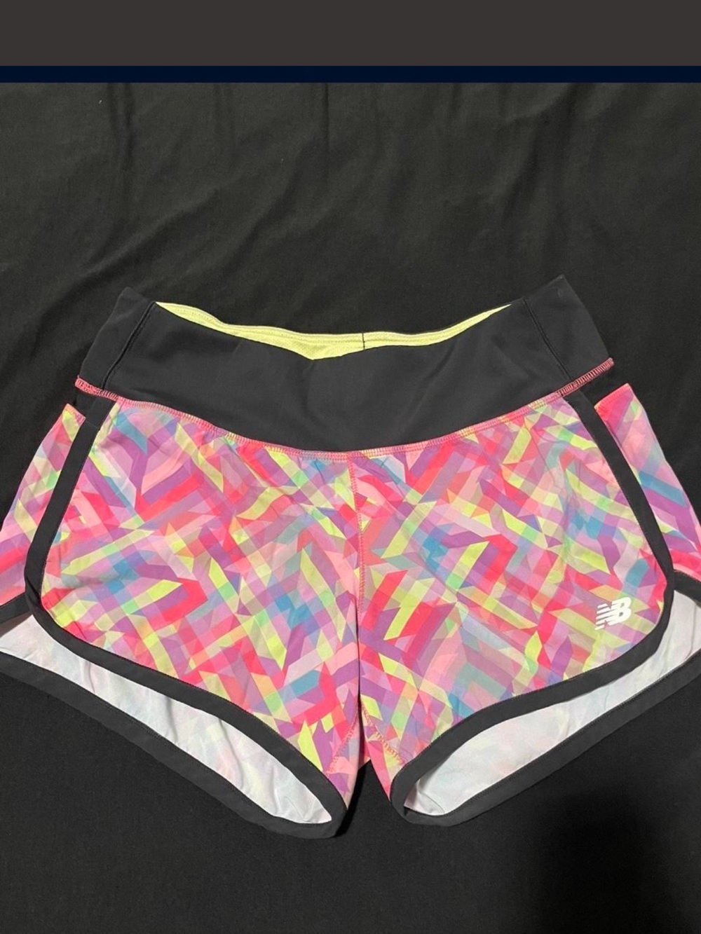 New Balance Women's Black Waistband Neon Multicolor Geo Athletic Shorts